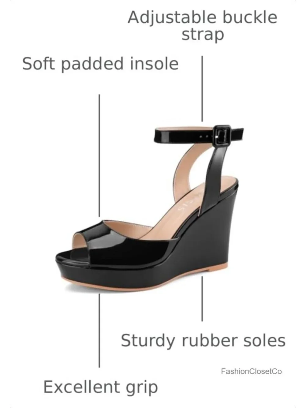 Women's Platform Wedge Sandals Patent Leather Peep Toe Ankle Strap Heels